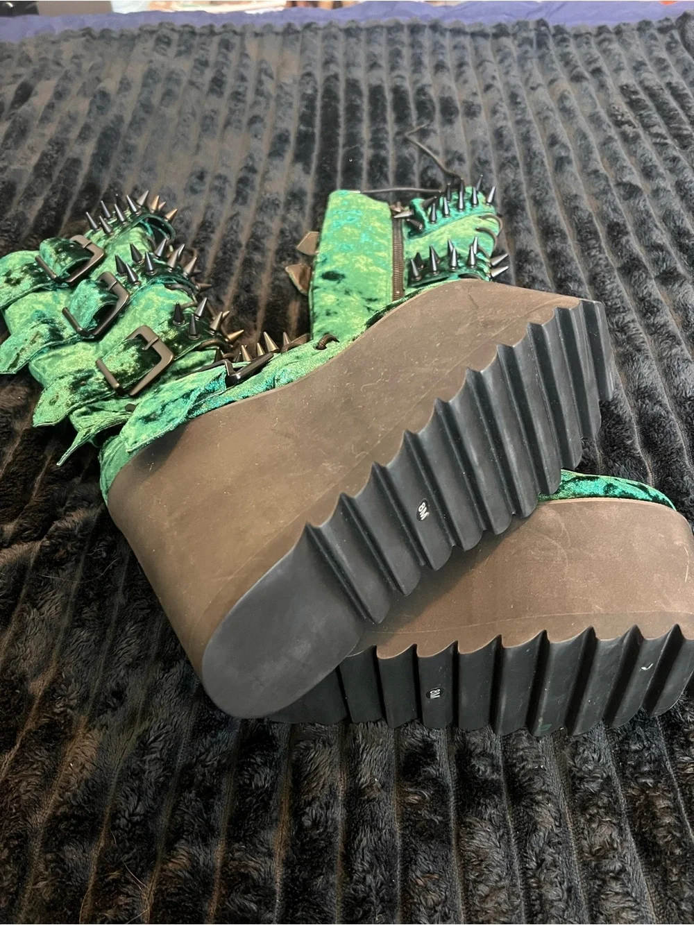 Dolls Kill Green Velvet Platform Knee-High Boots with Spikes